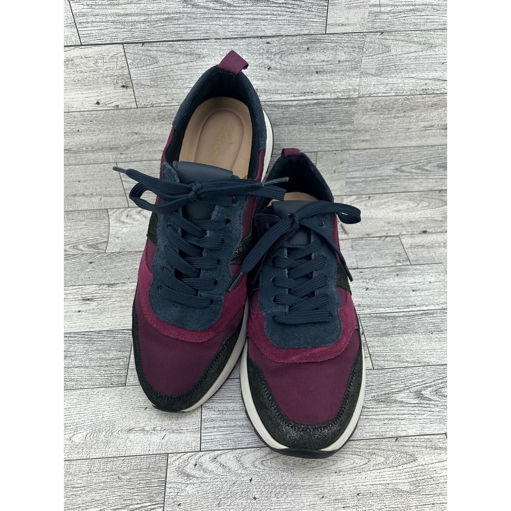 Clarks MI-X Women Sz 8 Burgundy Navy‎ Blue Suede Glitter Fashion Sneakers